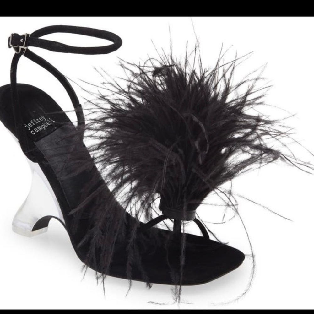 Jeffrey Campbell Black Feather Strap Sandal with Clear Sculpted Heel